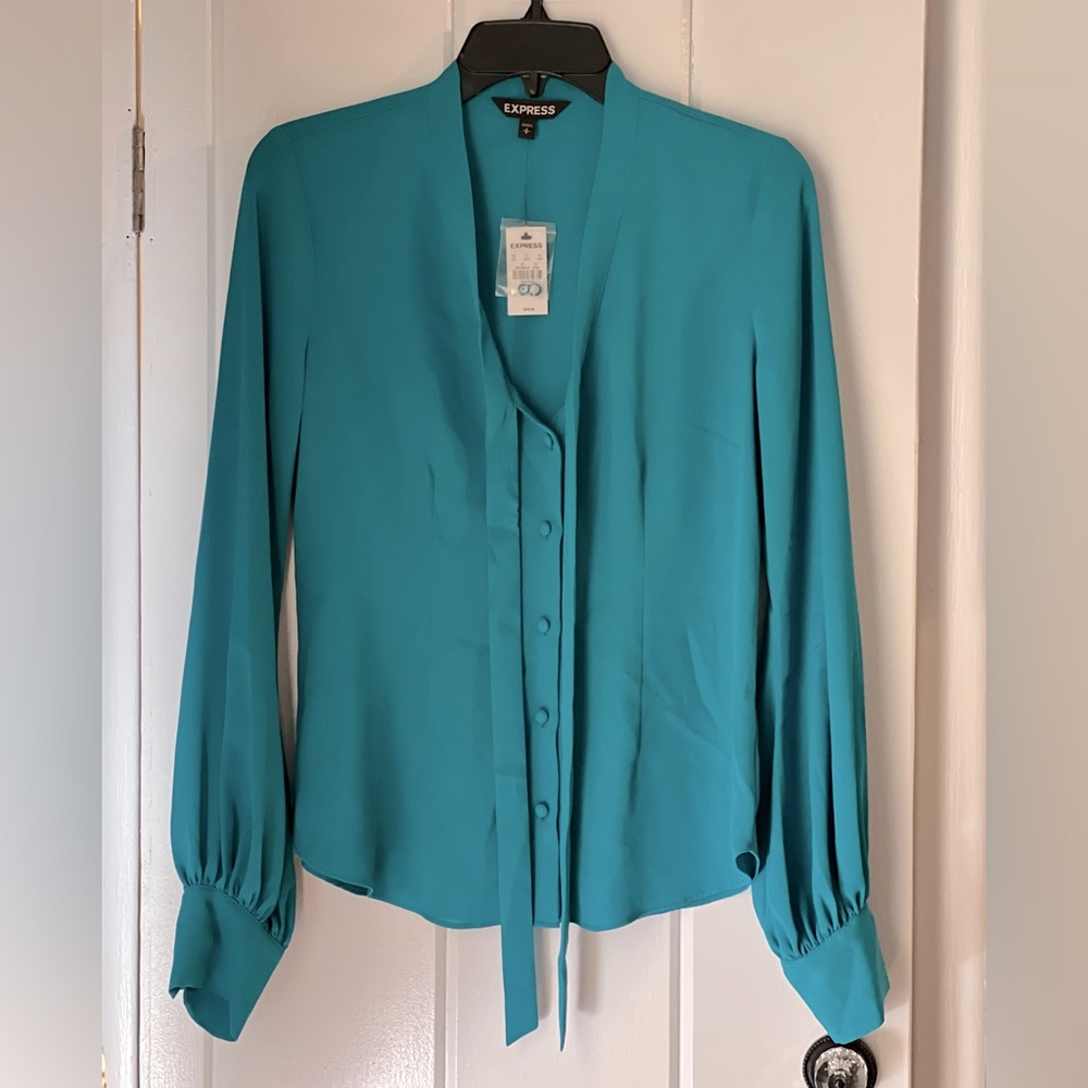 Express Teal V-Neck Fitted Blouse with Tie and Button details, NWT, Small Petite